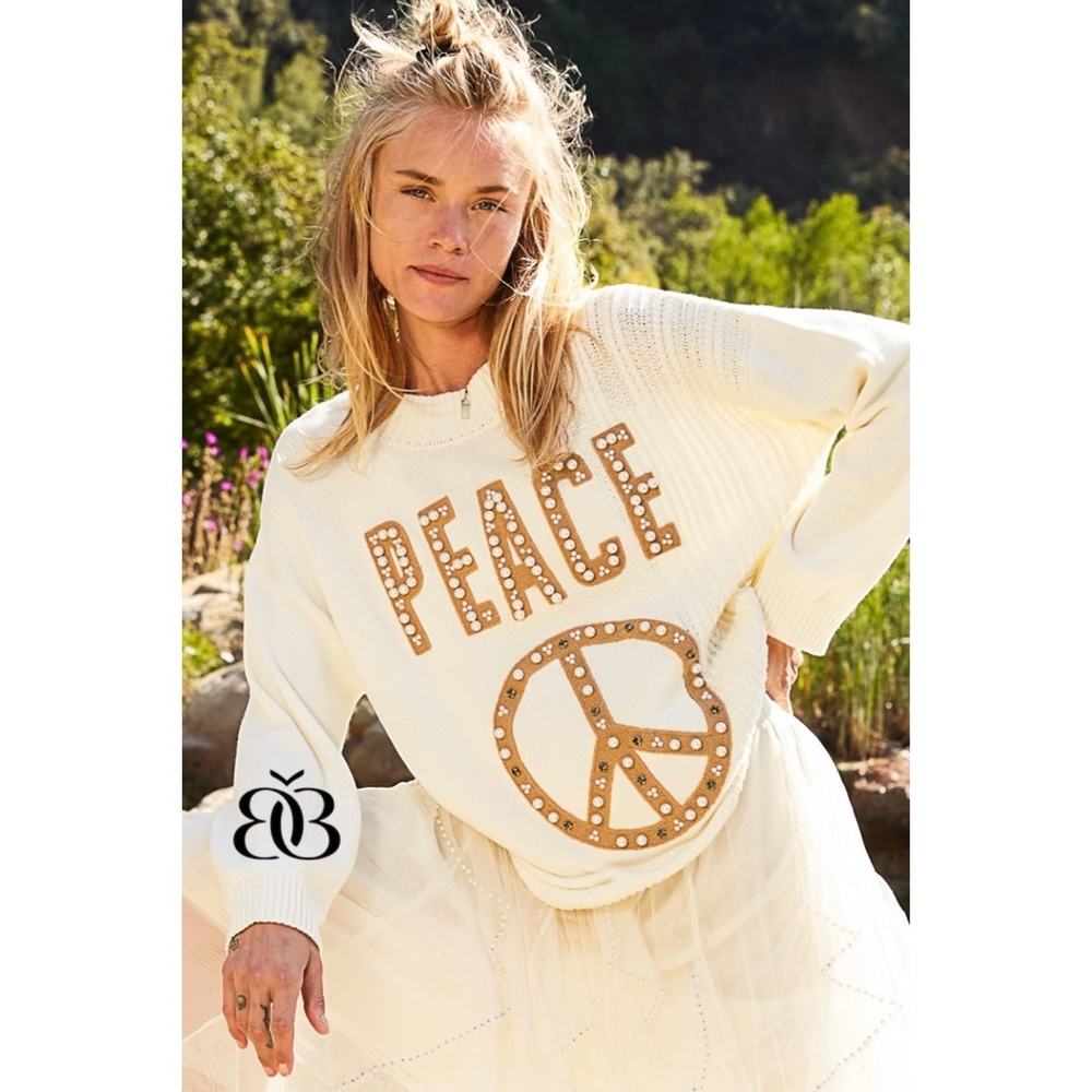 POL Cream Pearl Beaded Peace Patch Sweater